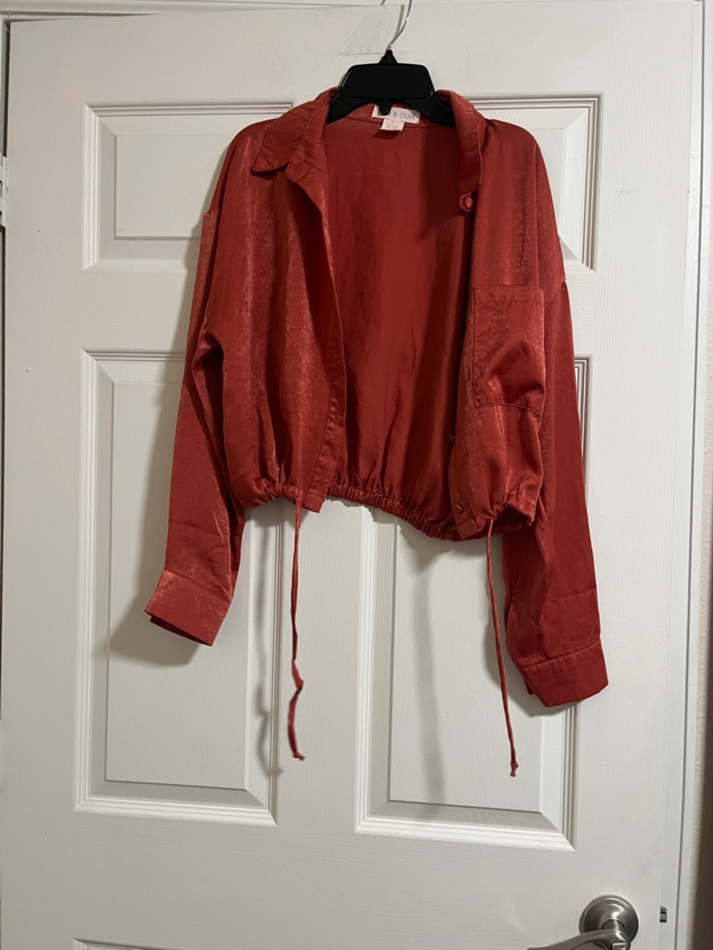 Cropped Drawstring Satin Jacket in Rust Red